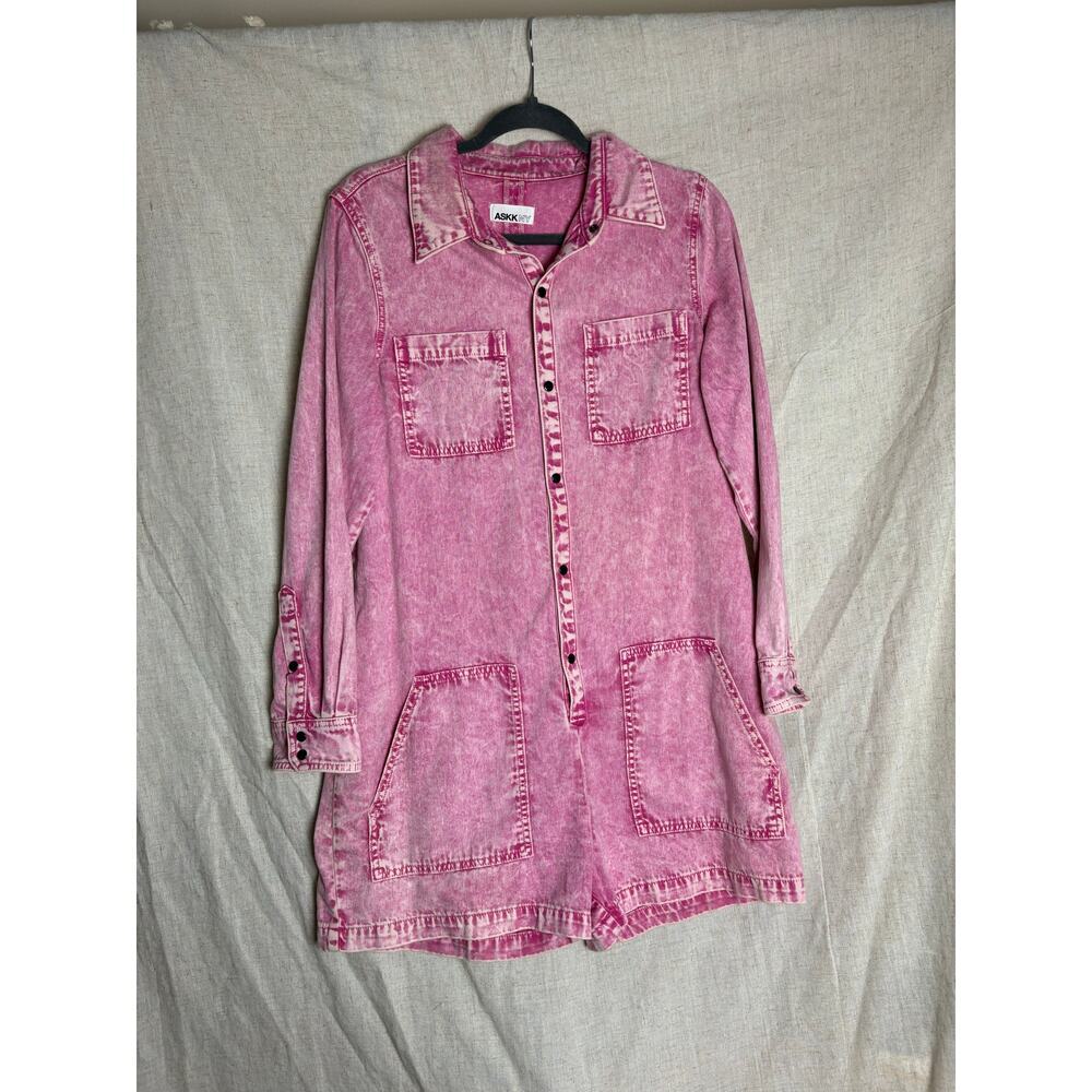 ASKK NY Pink Acid Wash Denim Romper Long Sleeve Sz. 2 Med.
